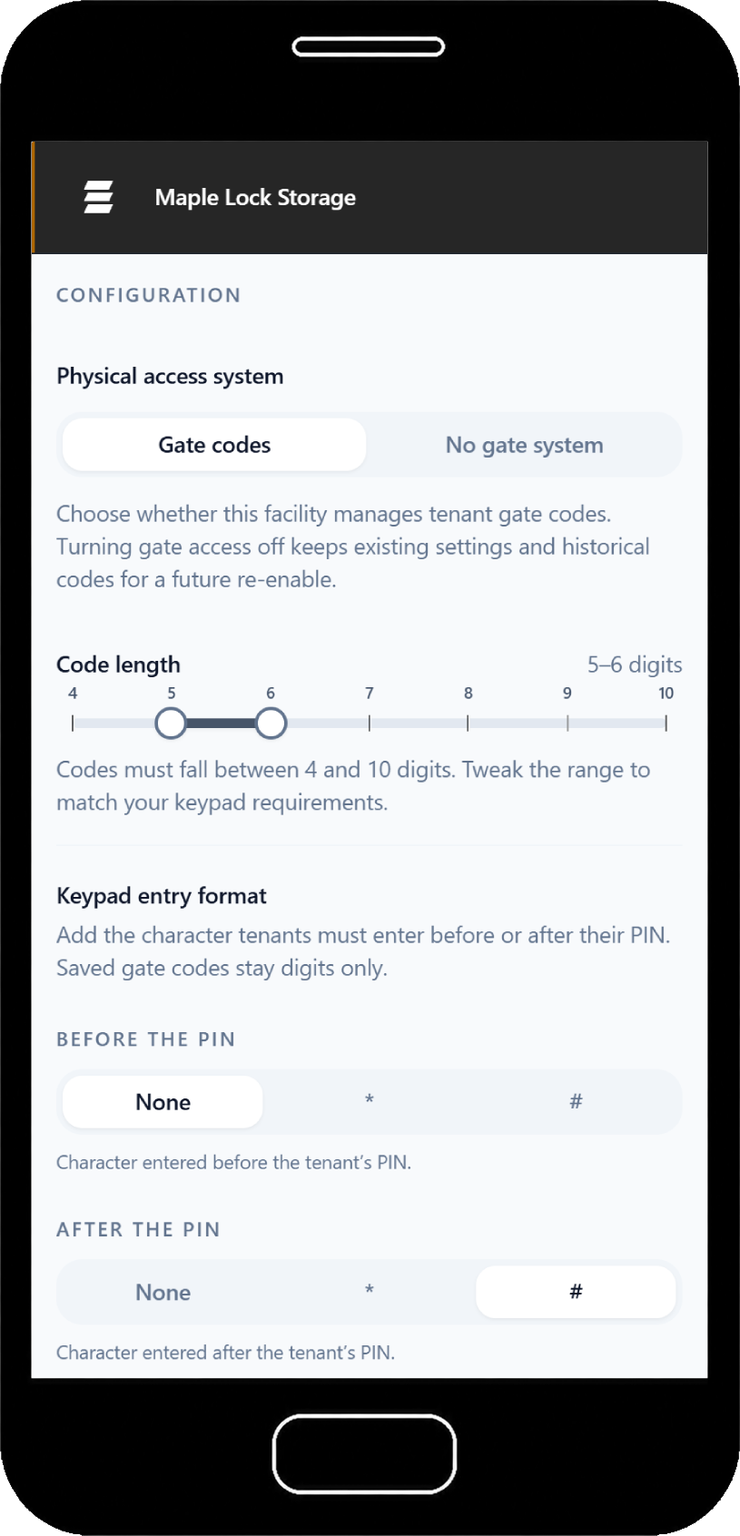 Full Stack Storage mobile admin preview for Maple Lock Storage, showing gate code configuration on a phone.